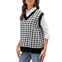 HOCOSIT Women's Knitted V-Neck Vest Argyle Plaid Preppy Style Sleeveless Pullover Crop Sweater Vest