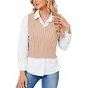 HOCOSIT Women's Knitted V-Neck Vest Argyle Plaid Preppy Style Sleeveless Pullover Crop Sweater Vest