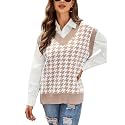HOCOSIT Women's Knitted V-Neck Vest Argyle Plaid Preppy Style Sleeveless Pullover Crop Sweater Vest