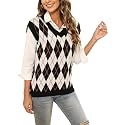 HOCOSIT Women's Knitted V-Neck Vest Argyle Plaid Preppy Style Sleeveless Pullover Crop Sweater Vest