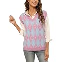 HOCOSIT Women's Knitted V-Neck Vest Argyle Plaid Preppy Style Sleeveless Pullover Crop Sweater Vest