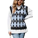 HOCOSIT Women's Knitted V-Neck Vest Argyle Plaid Preppy Style Sleeveless Pullover Crop Sweater Vest