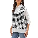 HOCOSIT Women's Knitted V-Neck Vest Argyle Plaid Preppy Style Sleeveless Pullover Crop Sweater Vest