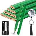 Hohean 14 Pcs Carpenter Pencils, 7 Inches Flat Octagonal Hard Woodworking Construction Pencils Heavy Duty with Pencil Sharpener and Retractable Pull Pen Holder for Contractor Carpentry (Green)