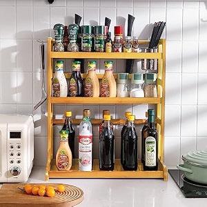 hokipo bamboo 3 tier tabletop mount spice rack organizer for kitchen platform counter top rack storage shelf stand ar-4881