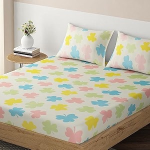 hokipo brushed microfiber 135 gsm elastic fitted bedsheets king size 78x72 inches with 2 pillow cover clover leaf multicolor in-633-d3