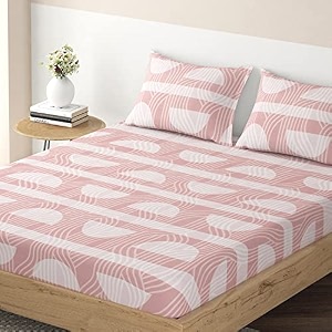 hokipo brushed microfiber 135 gsm printed fitted bedsheets queen size with 2 pillow cover semicircle spiral mauve pink in-634-d16
