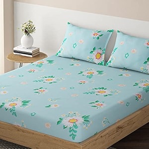 hokipo brushed microfiber 135 gsm elastic fitted bedsheets queen size 78x60 inches with 2 pillow coverfloral rhine blue in-634-d1