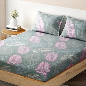 hokipo brushed microfiber 140 gsm elastic fitted bedsheets double bed size 72x72 inches with 2 pillow cover pastel green palm leaves in-704-d11
