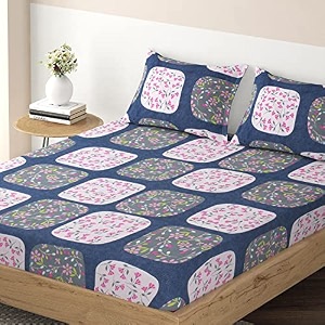 hokipo brushed microfiber 135 gsm printed elastic single bed fitted bedsheet 78x36 inches with 1 pillow cover seamless spiral stripes aegean blue in-635-d9