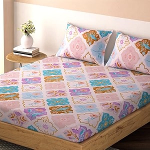 hokipo brushed microfiber 140 gsm elastic fitted bedsheets double bed size 72x72 inches with 2 pillow cover iris purple ethnic floral in-704-d6