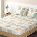 HOKIPO Brushed Microfiber 135 GSM Printed Elastic Queen Size Fitted Bedsheet, 78x60 inches with 2 Pillow Cover, Intricate U Cream (IN-634-D6)
