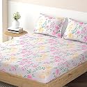 HOKIPO Brushed Microfiber 135 GSM Printed Fitted Bedsheets Queen Size with 2 Pillow Cover, Floral Beige (IN-634-D12)