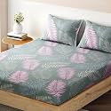 HOKIPO Brushed Microfiber 140 GSM Elastic Fitted Bedsheets Double Bed Size, 72x72 inches with 2 Pillow Cover, Pastel Green Palm Leaves (IN-704-D11)