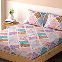 HOKIPO Brushed Microfiber 140 GSM Elastic Fitted Bedsheets Double Bed Size, 72x72 inches with 2 Pillow Cover, Iris Purple Ethnic Floral (IN-704-D6)