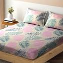 HOKIPO Brushed Microfiber 140 GSM Fitted Bedsheets King Size Double Bed, 78 x 72 inches with 2 Pillow Cover, Ivory Palm Leaves (IN-702-D12)
