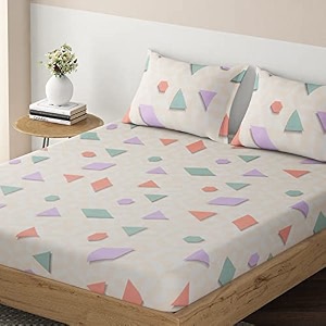 hokipo brushed microfiber 135 gsm printed elastic king size fitted bedsheet 78x72 inches with 2 pillow cover abstract geometric grey blush beige in-633-d10