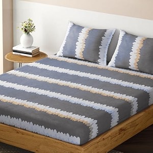 hokipo brushed microfiber 140 gsm printed elastic queen size fitted bedsheet 78x60 inches with 2 pillow cover elf green stripes in-703-d5