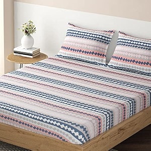 hokipo brushed microfiber 135 gsm printed elastic single bed fitted bedsheet 78x36 inches with 1 pillow cover seamless spiral stripes aegean blue in-635-d9