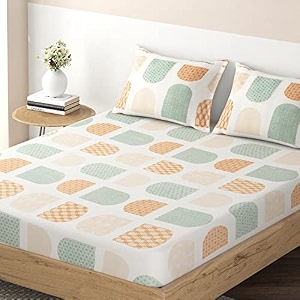 hokipo brushed microfiber 135 gsm printed elastic single bed fitted bedsheet 78x36 inches with 1 pillow cover intricate u cream in-635-d6