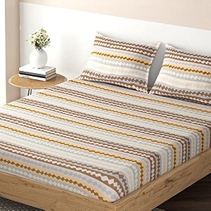 hokipo brushed microfiber 135 gsm printed fitted bedsheets queen size with 2 pillow cover seamless spiral stripes almond brown in-634-d8