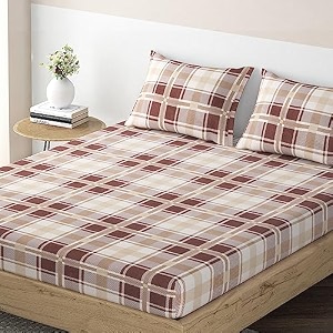 hokipo brushed microfiber 140 gsm fitted bedsheets queen size double bed 78 x 60 inches with 2 pillow cover checkered beige in-637-d7