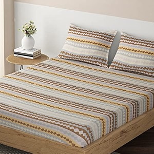 hokipo brushed microfiber 135 gsm printed fitted bedsheets king size with 2 pillow cover seamless spiral stripes almond brown in-633-d8