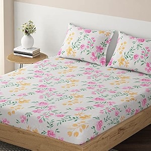 hokipo brushed microfiber 135 gsm printed fitted bedsheets king size with 2 pillow cover floral beige in-633-d12