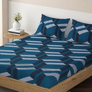 hokipo brushed microfiber 135 gsm printed fitted bedsheets queen size with 2 pillow cover 3d zig zag lines prussian blue in-634-d5