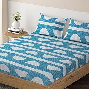 hokipo brushed microfiber 135 gsm printed elastic single bed fitted bedsheet 78x36 inches with 1 pillow cover seamless spiral stripes aegean blue in-635-d9