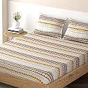 HOKIPO Brushed Microfiber 135 GSM Printed Fitted Bedsheets Queen Size with 2 Pillow Cover, Seamless Spiral Stripes Almond Brown (IN-634-D8)