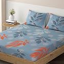HOKIPO Brushed Microfiber 135 GSM Printed Fitted Bedsheets Queen Size with 2 Pillow Cover, Leaves Blissful Blue (IN-634-D2)