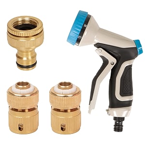 hokipo heavy duty brass tap adapter 1234 brass garden hose quick connector and heavy duty 9 pattern garden spray nozzle for kitchen gardening car washing cleaning - set of 4 ar-38653863  23861