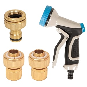 hokipo heavy duty brass tap adapter 3434 brass garden hose quick connector and heavy duty 9 pattern garden spray nozzle for kitchen gardening car washing cleaning - set of 4 ar-38653864  23861
