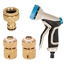 HOKIPO Heavy Duty Brass Tap Adapter 1/2" Brass Garden Hose Quick Connector and Heavy Duty 9 Pattern Garden Spray Nozzle for Kitchen Gardening Car Washing Cleaning - Set of 4 (AR-3865+3863 * 2+3861)