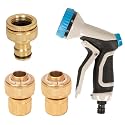 HOKIPO Heavy Duty Brass Tap Adapter 3/4" Brass Garden Hose Quick Connector and Heavy Duty 9 Pattern Garden Spray Nozzle for Kitchen Gardening Car Washing Cleaning - Set of 4 (AR-3865+3864 * 2+3861)