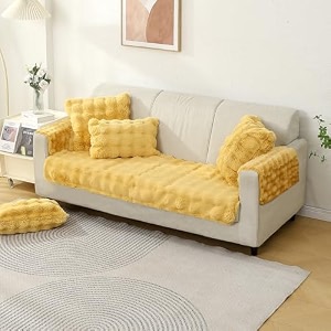 hokipo luxury faux rabbit fur anti slip sofa seat mat for 2 seater with 2 arm cover honey yellow ar-5013-ylw  ar-5149-ylw2