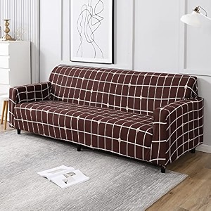 hokipo polyester blend elastic stretchable universal sofa cover 4 seater ar-4280-e8 brown