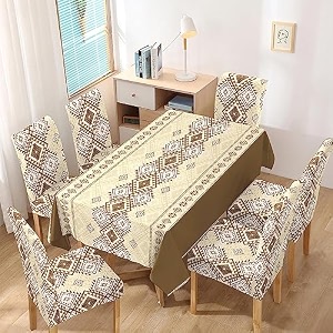 hokipo polyester set of 4 chair covers with matching rectangular tablecloth rhombus moss brown ar-5359-d6