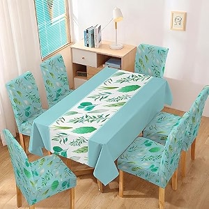 hokipo polyester set of 6 chair covers with matching square tablecloth varied leaves rhine blue ar-4803-d7