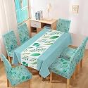 HOKIPO Polyester Set of 6 Chair Covers with Matching Square Tablecloth, Varied Leaves Rhine Blue (AR-4803-D7)
