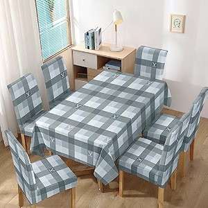 hokipo polyester stretchable set of 6 dining chair cover with matching square tablecloth checks grey ar-4803-d12