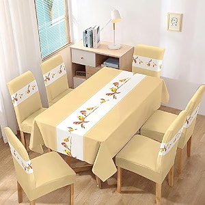 hokipo polyester stretchable set of 6 dining chair cover with matching tablecloth chirping birds beige ar-4803-d8 rectangular