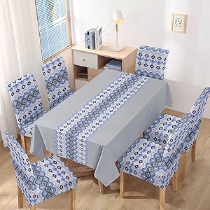 hokipo polyester elastic dining chair covers set of 6 with matching tablecloth mosaic blissful blue ar-4803-d5 rectangular
