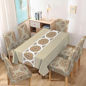 hokipo polyester set of 6 chair covers with matching rectangular tablecloth mandala sand brown ar-4803-d3