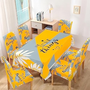 hokipo polyester elastic stretchable rectangular dining chair cover with matching tablecloth typography cyber yellow ar-4803-d10