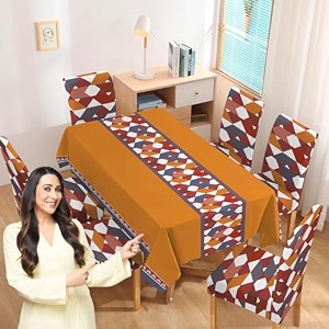 hokipo polyester elastic dining chair covers set of 4 with matching rectangular tablecloth parallelogram ochre brown ar-5359-d9