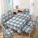HOKIPO Polyester Stretchable Set of 6 Dining Chair Cover with Matching Square Tablecloth, Checks Grey (AR-4803-D12)