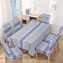 HOKIPO Polyester Elastic Dining Chair Covers Set of 6 with Matching Tablecloth, Mosaic Blissful Blue (AR-4803-D5), Rectangular