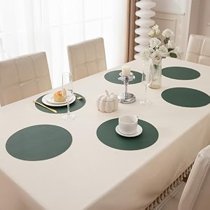 hokipo premium faux leather dining table round mats heat resistant leak and waterproof non slip dinner mats 6 pcs juniper green ar-5192-dgrn6